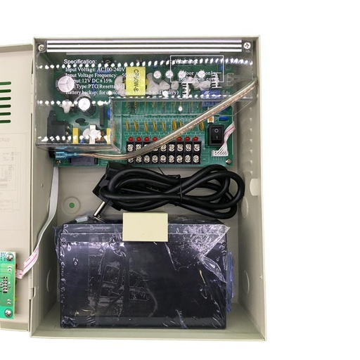 [VIDSURTRA01003] Transformateur DC12V 5A Boîte métal 9Ch IP20 avec batterie DC12V 7A AC180-240V 50-60Hz PST-CA0509U