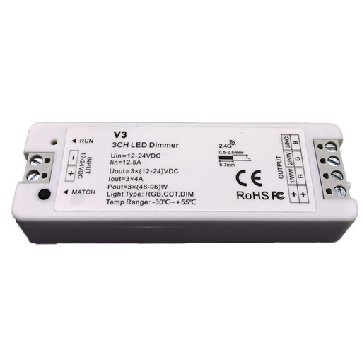 Contrôleur RGB Commande RF 2,4G 3CH/4A V3+R3 IP20 97*33*18mm  DC12-24V (copie)
